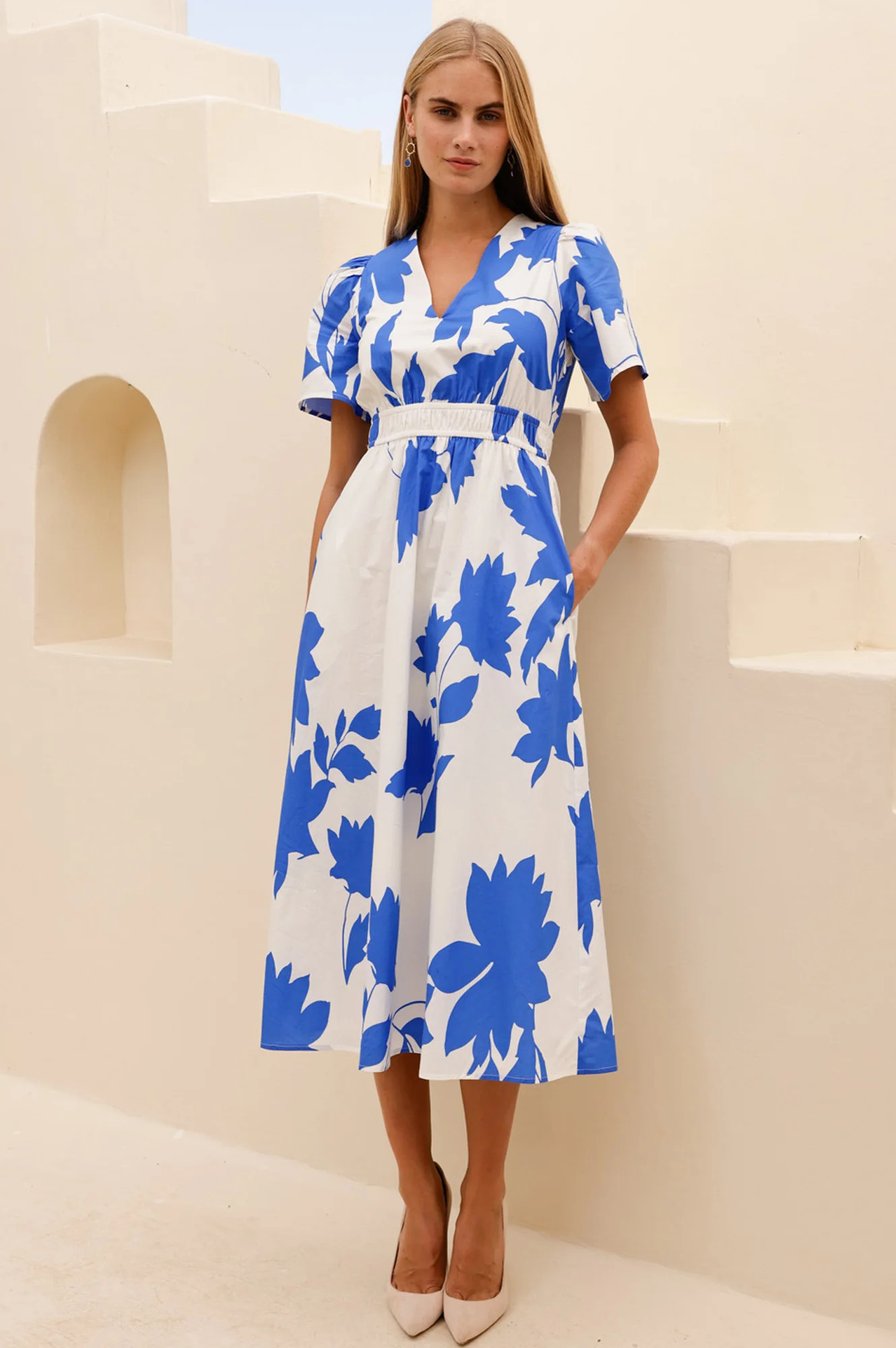Elsa Printed Cotton Dress | Ivory/Cobalt | Aspiga US
