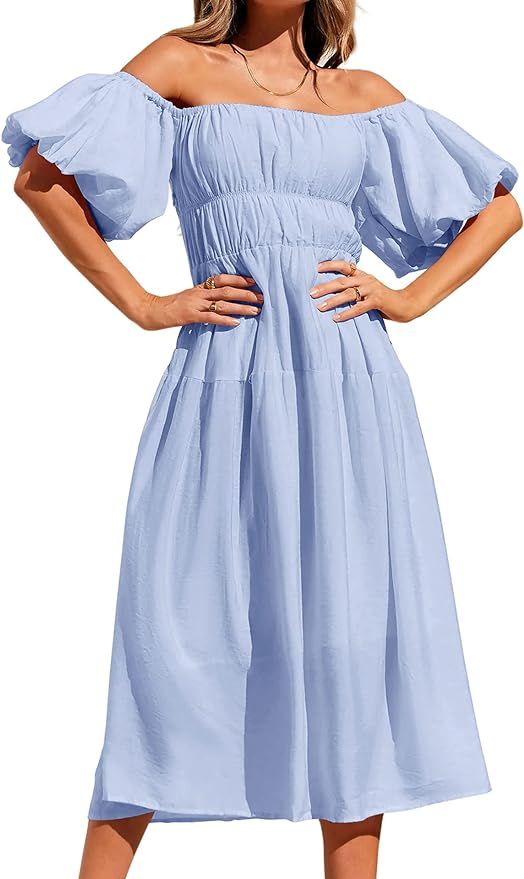 Women's 2024 Boho Off Shoulder Dress Puff Short Sleeves Flowy A Line Beach Party Midi Dresses | Amazon (US)