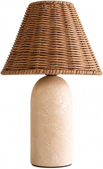 14" Small Mini Wicker Table Lamp \u2013 Handmade Ceramic Base with Rattan Shade, Dimmable Nightst... | Amazon (US)