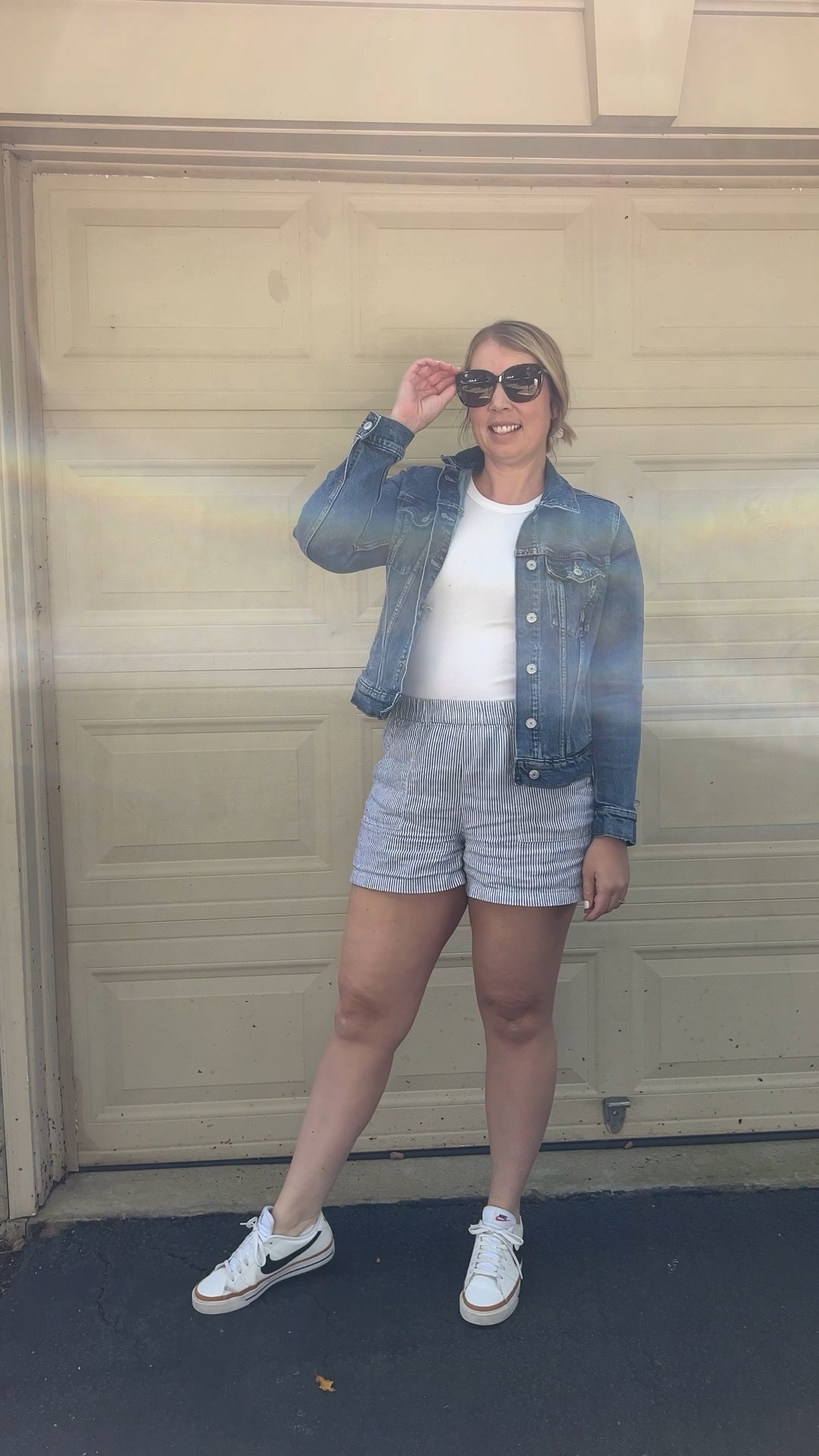 Mornings have been cool, so trying out some summer to fall transition outfits! Wearing a medium in everything- these shorts have become my favorite, I have this pair and the tan striped ones too! 

#LTKShoeCrush #LTKStyleTip #LTKSaleAlert