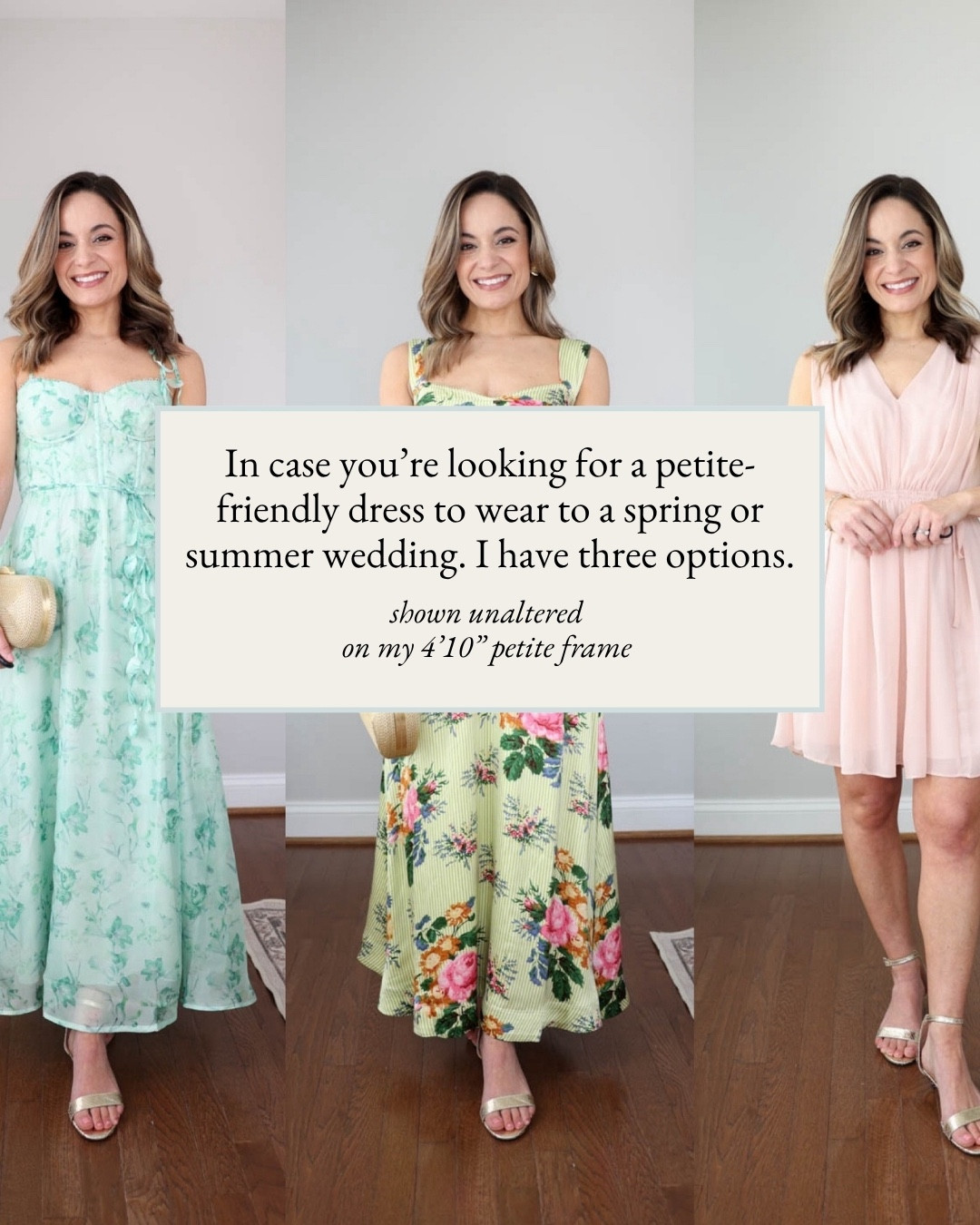 Three petite-friendly dresses I would wear to wedding!

Green Dress (Anthropologie): Petite XXS
Blue Dress (ASTR): XS
Pink Dress (BR Factory): Petite XXS 

Shoes are J.Crew but from last year so unfortunately they are sold out. 

My sizing for reference: I'm 4'10" and weigh 105lbs. My measurements are 32", 24", 36". I have a 25" ankle inseam and typically wear petite xxs/00/24. 

 

#LTKPetite #LTKWedding