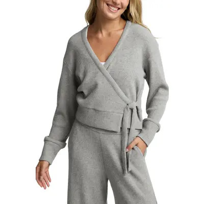 Beyond Yoga Rest Day Waffle Stitch Wrap Cardigan in Heather Gray at Nordstrom, Size X-Large | Nordstrom