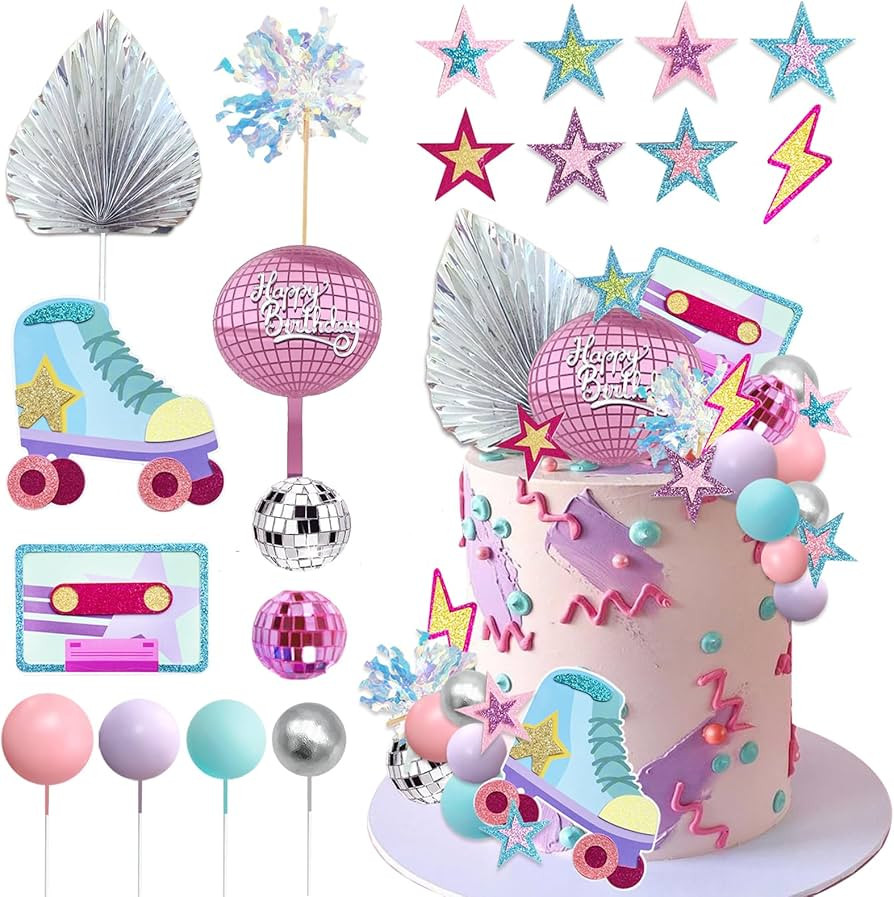 40pcs Roller Skate Cake Toppers 80s 90s Disco Ball Cake Decorations, Retro Girl Birthday Decor wi... | Amazon (US)