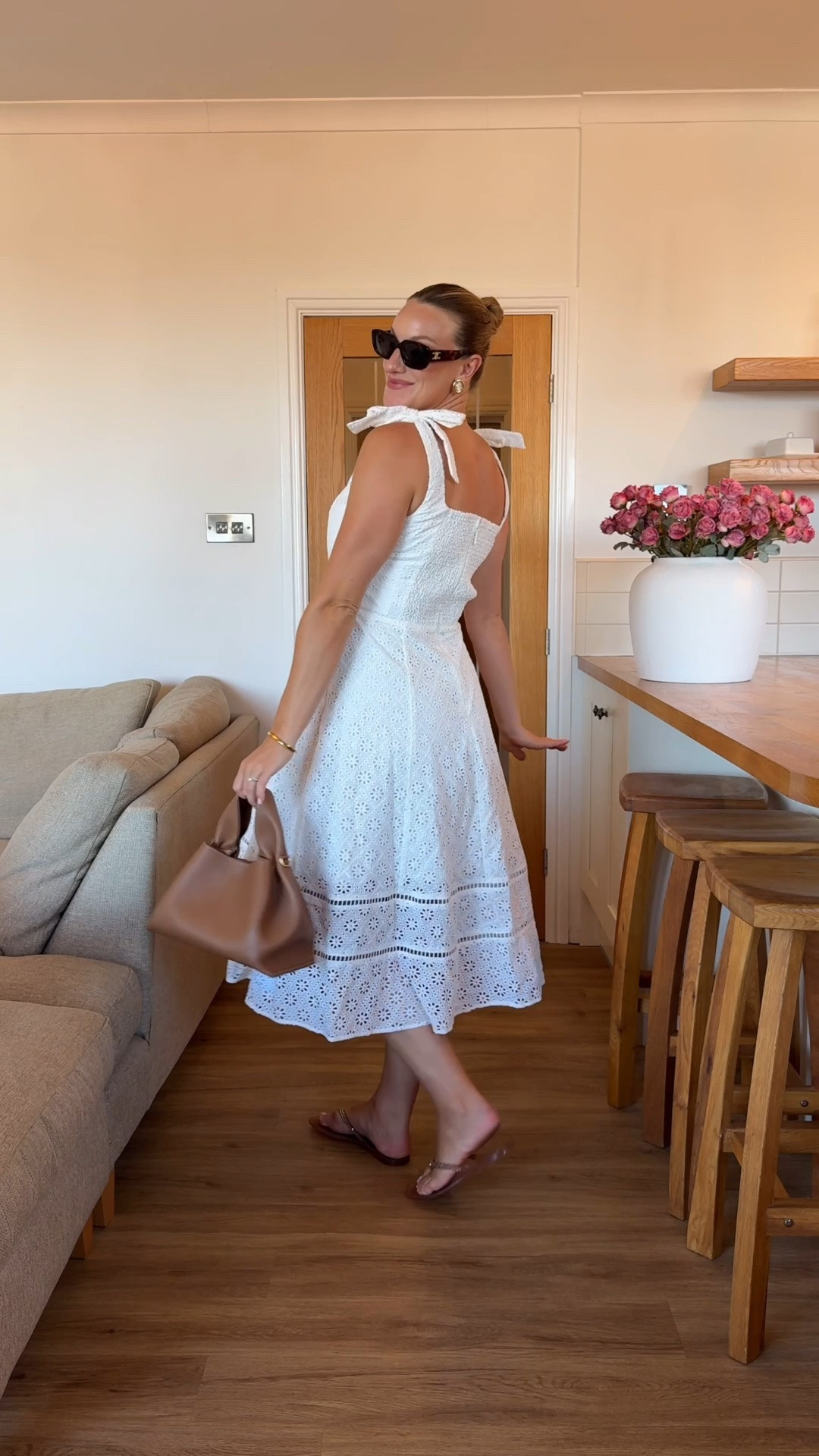 White broderie anglaise midi dress , tan polene paris bag & carvela jelly shoes with dimantes & celine sunglasses

#LTKuk #LTKsummer #LTKmidsize