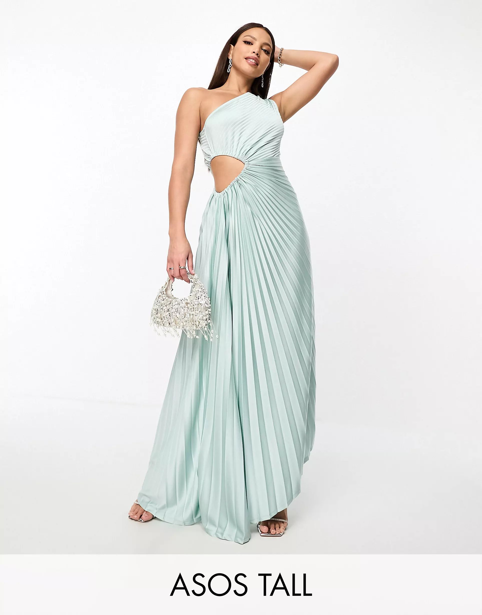 ASOS DESIGN Tall asymmetric cut out pleated midi dress in mint | ASOS (Global)