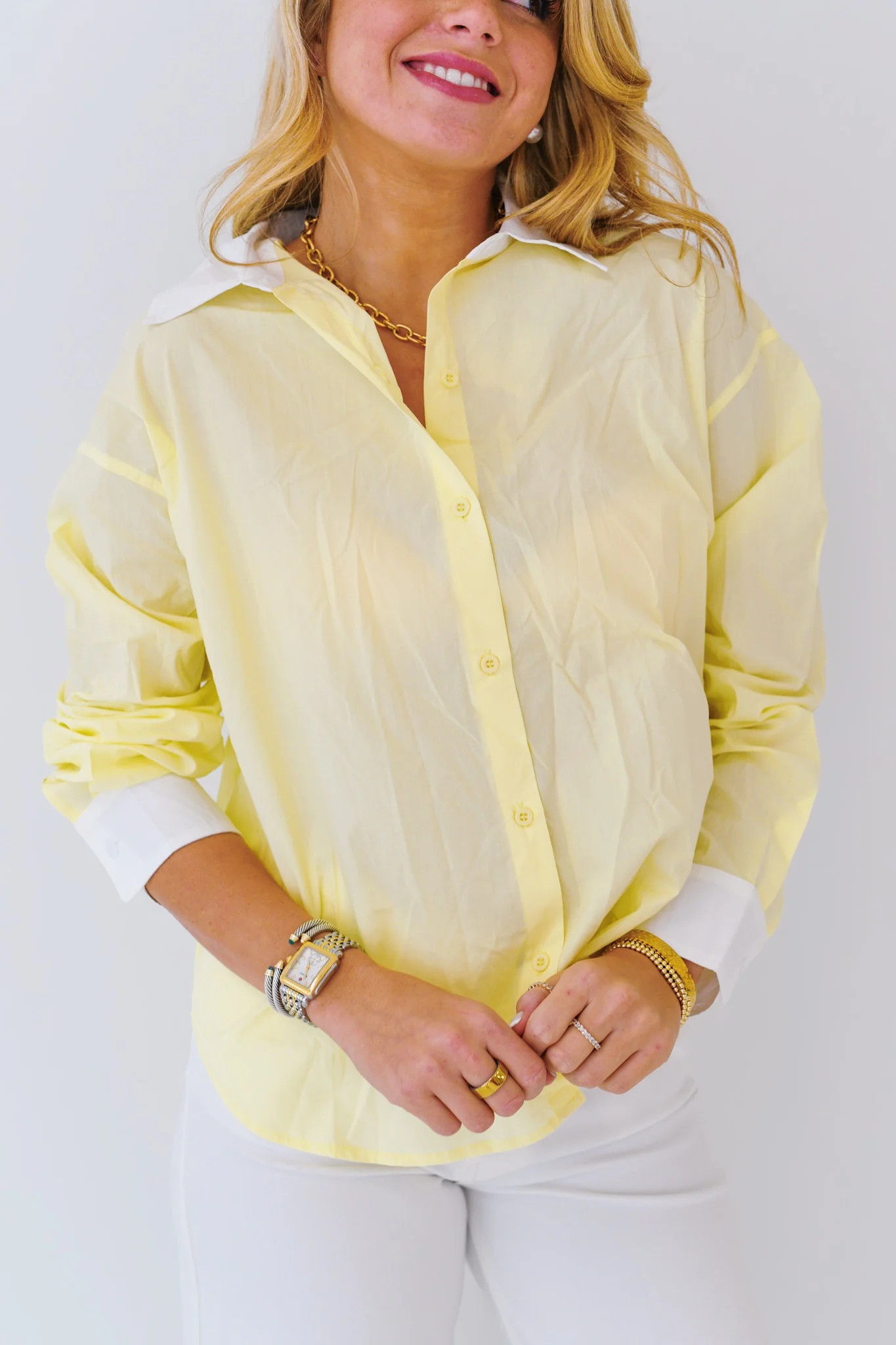 Darby Contrast Button Up Shirt-Yellow Medium | Fancyd Boutiqe