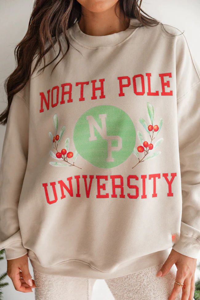 North Pole University Light Tan Oversized Graphic Sweatshirt | Pink Lily