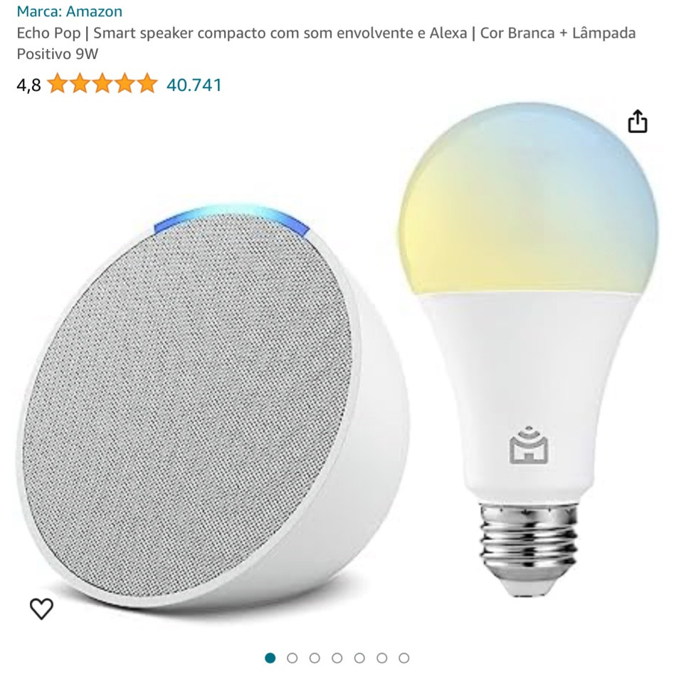 Echo Pop | Smart speaker compacto com som envolvente e Alexa | Cor Branca + Lâmpada Positivo 9W