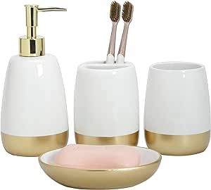Elegant White with Gold Bathroom accesory Set 4pc,Toothbrush Holder soap Dispenser soap Dish Tumb... | Amazon (US)