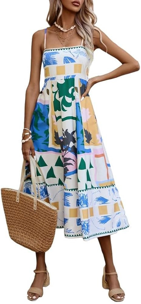 Women Floral Spaghetti Strap Maxi Dress Sleeveless Backless Print Sundresses 2024 Causal Flowy Be... | Amazon (US)