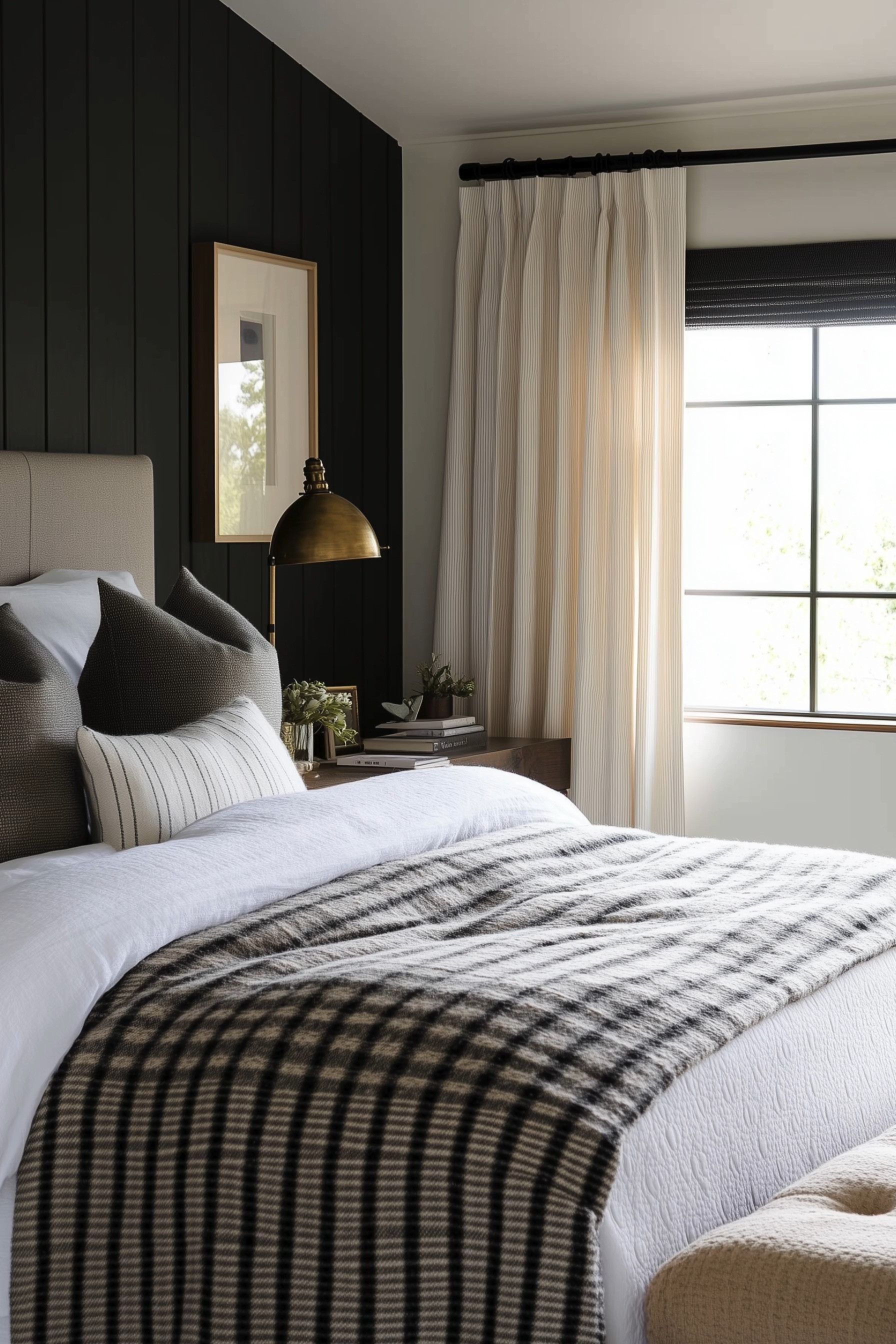 This beautifully styled bedroom exudes an inviting and serene atmosphere, blending modern elegance with cozy comfort. The space is designed with sleek black paneling, complemented by neutral bedding and a checkered throw, creating a harmonious contrast. A warm brass lamp adds a touch of vintage charm, while sheer curtains allow natural light to fill the room. This setup is perfect for those who appreciate a sophisticated yet relaxing home environment.

🖤 If you want to see more content like this, FOLLOW maeveandmodern on LTK, Instagram, and Pinterest! Check out our blog where we post daily, maeveandmodern.com!

Moody Bedroom | Neutral Decor | Cozy Interior | Modern Elegance | Black Paneling | Brass Accents | Serene Space | Home Styling | Bedroom Inspiration | Cozy Bedding | Natural Light | Interior Trends | Elegant Home | Rustic Charm | Modern Vintage | Warm Tones | Cozy Comfort | Bedroom Decor | Relaxing Space | Contemporary Design#LTKFindsUnder100

#LTKHome #LTKSaleAlert #LTKSeasonal #LTKHome #LTKSaleAlert