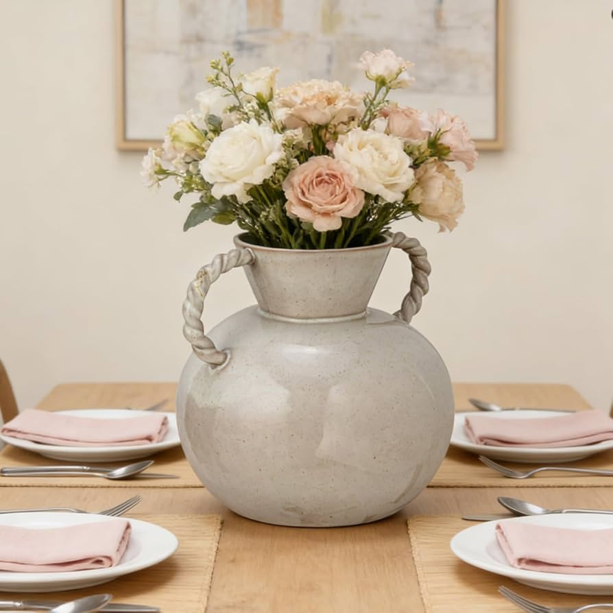Rustic Home Decor Vase 9.25 Inch Beige Stoneware Flower Vase with 2 Twisted Handles for Table Cen... | Amazon (US)