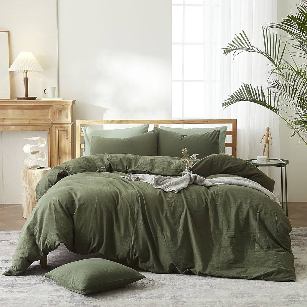 AMWAN Solid Color Army Green Duvet Cover King Size Bedding Sets Natural Washed Cotton Comforter C... | Amazon (US)