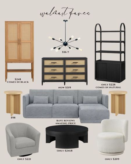 #walmartpartner #IYWYK Walmart fave finds on Walmart.com - @walmart
Natural wood cabinet tall. Black dresser. Black chandelier modern. Natural wood shelf. Gray sectional. Natural wood side table. Black coffee table modern. White accent chairs modern. 

#LTKhome #LTKsalealert