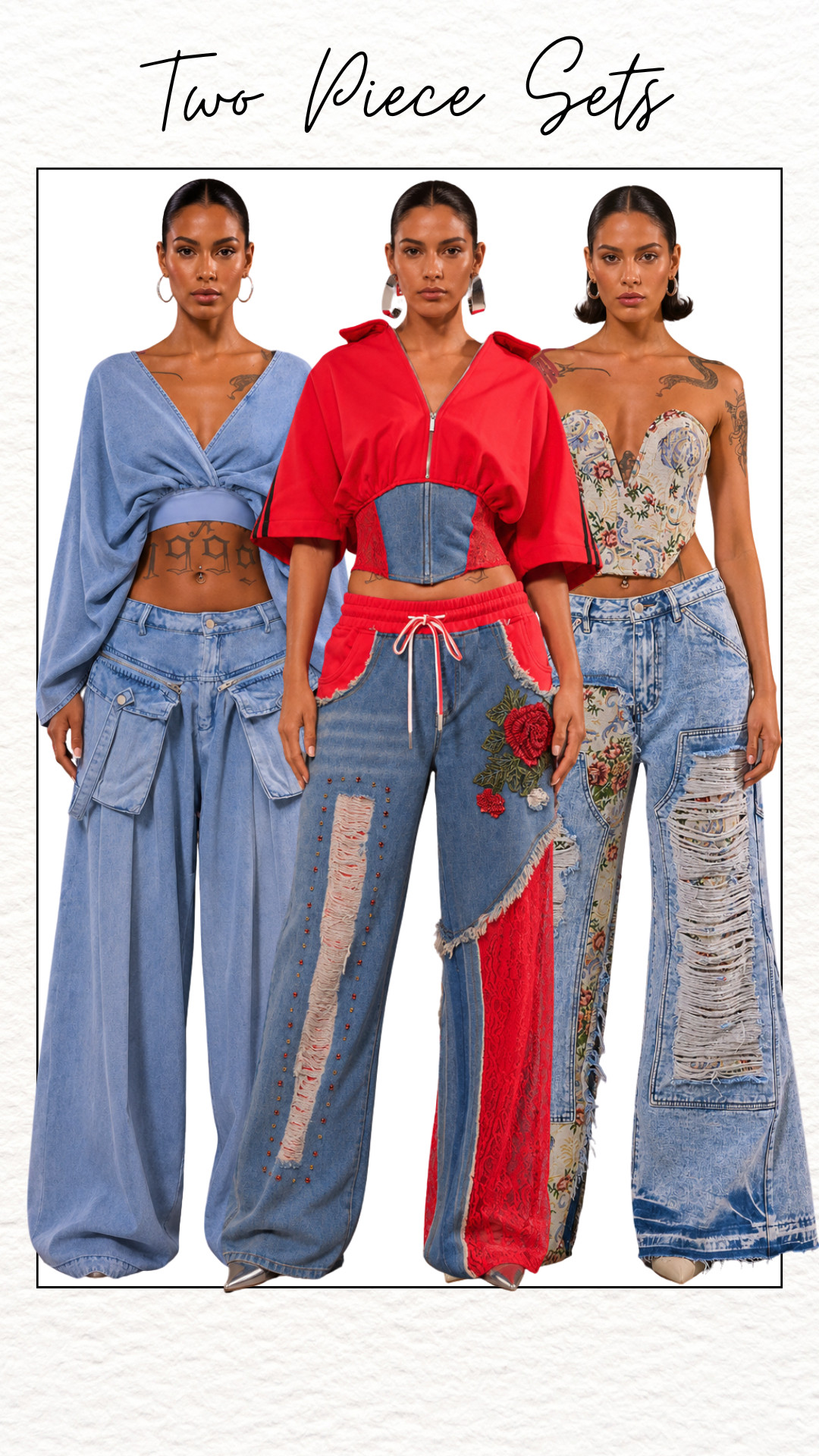 Akira two piece sets blend oversized denim floral details and bold patchwork designs for standout street style looks with major fashion energy. #AKIRA #TwoPieceSets #DenimFashion #StreetStyle #PatchworkDenim #FashionInspo #BoldStyle #TrendyOutfits #WomensFashion #StatementLooks #EdgyFashion #StyleInspo #DenimStyle #FashionTrends 

 #LTKMidsize #LTKPetite #LTKPlusSize