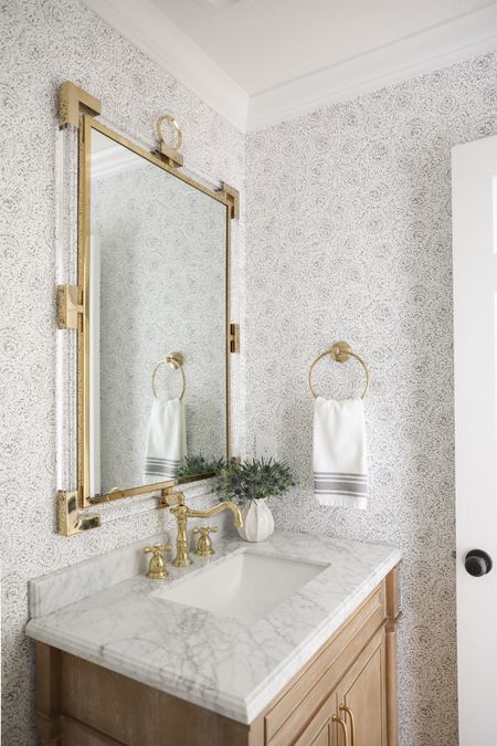 Bathroom decor, bathroom vanity, oak vanity, Home Depot, Wayfair, faucet, Kingston brass, Serena and lily wallpaper, home decor, spring decor, neutral decor

#LTKsalealert #LTKstyletip #LTKhome