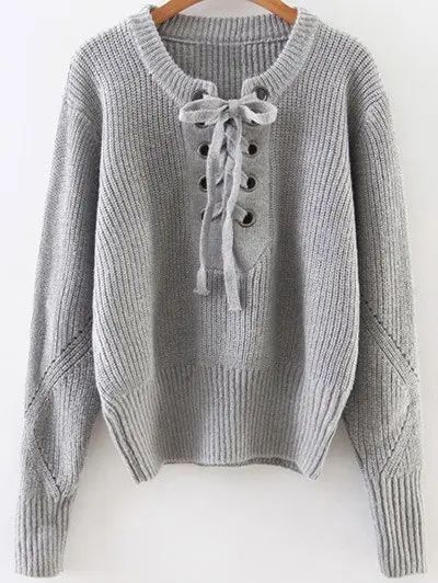Lace Up Ribbed Sweater | Rosegal US