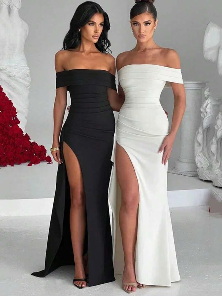 Elegant Off-Shoulder High Split Maxi Dress Women Fashion Strapless Sleeveless Backless Bodycon Club Party Sexy Dress | SHEIN