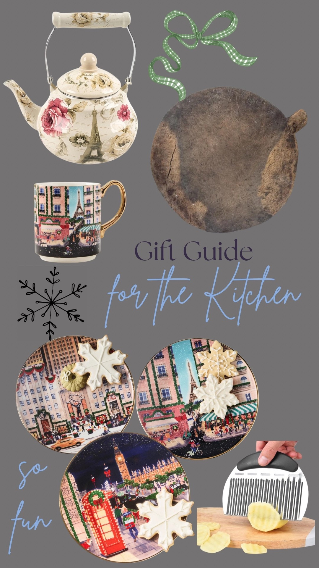 Holiday Gift Guide for the Kitchen! Pretty enamel kettle, city desert plates, crinkle cutter, fun mug and vintage bread board!🩷

#LTKgiftguide #LTKwinter #LTKholiday