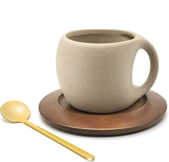 Ceramic Coffee Mug Set with Natural Wood Saucer & Spoon - 8.5 Oz Elegant Tea Cups for Latte, Hot ... | Amazon (US)