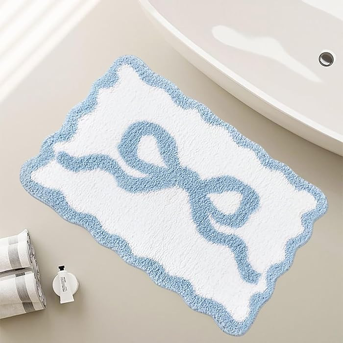 ZZFENGKR Blue Scalloped Bow Non-Slip Bath Mat - Absorbent Microfiber Shower Rug, Preppy Cute Funn... | Amazon (US)