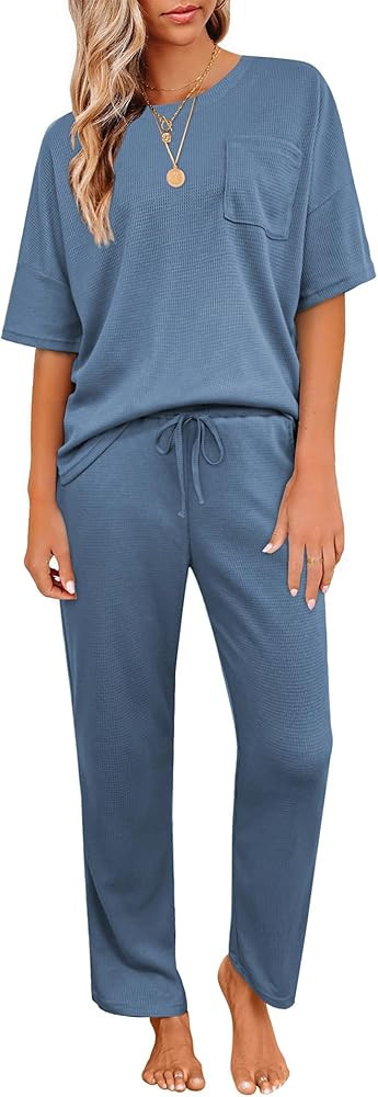 JiniGolla Womens Pajama Sets Waffle Knit Short Sleeve Shirt with Long Pajama Pants Soft Sleepwear... | Amazon (US)