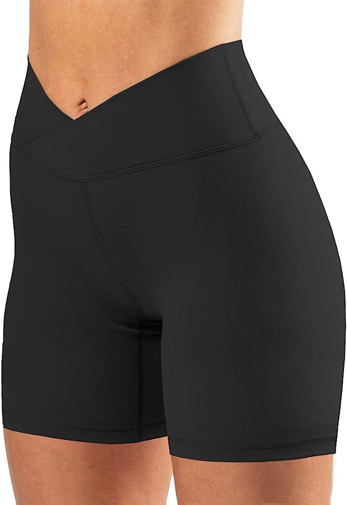 Puedizux Women's High Waisted Biker Shorts Cross Waist Workout Yoga Shorts Running Leggings with/no  | Amazon (US)