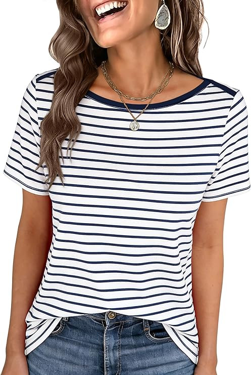 ANRABESS Womens Boat Neck Tops Short Sleeve T-Shirts Causal Fashion Tee Shirts 2026 Summer Spring... | Amazon (US)