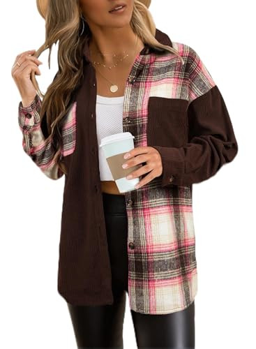 Astylish Women's Color Block Corduroy Shirt Tops Long Sleeve Button Down Shacket Desert Palm X-Large | Amazon (US)