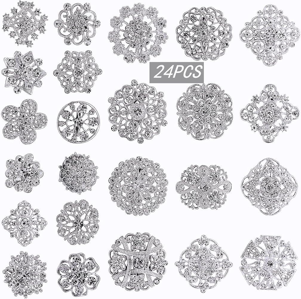 lot 24PCS Wedding Bouquet Broaches Kit shiny rhinestone crystal brooch pin set for women girl fas... | Amazon (US)