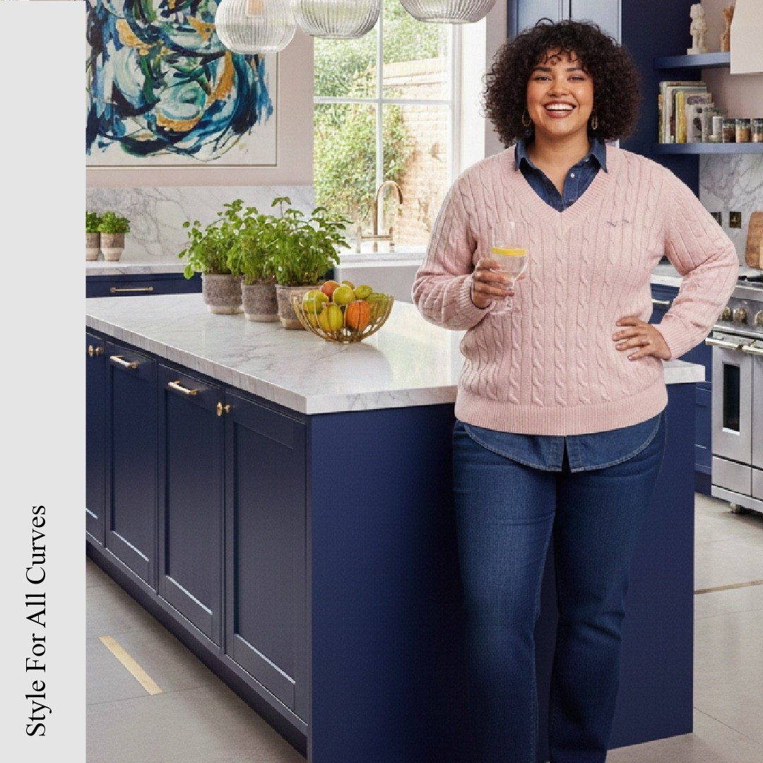 A smart but casual at home outfit #curvryfashion #pinkjumper #denimshirt