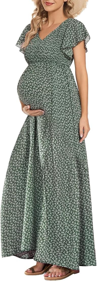 Floral Print V Neck Maternity Dress Boho Baby Shower Photoshoot Smocked Flutter Sleeve Split A Li... | Amazon (US)