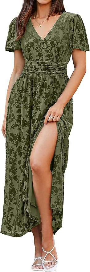 Simplee Women's Velvet Maxi Dress V Neck Short Sleeve Empire Waist Semi Formal Long Cocktail Dres... | Amazon (US)