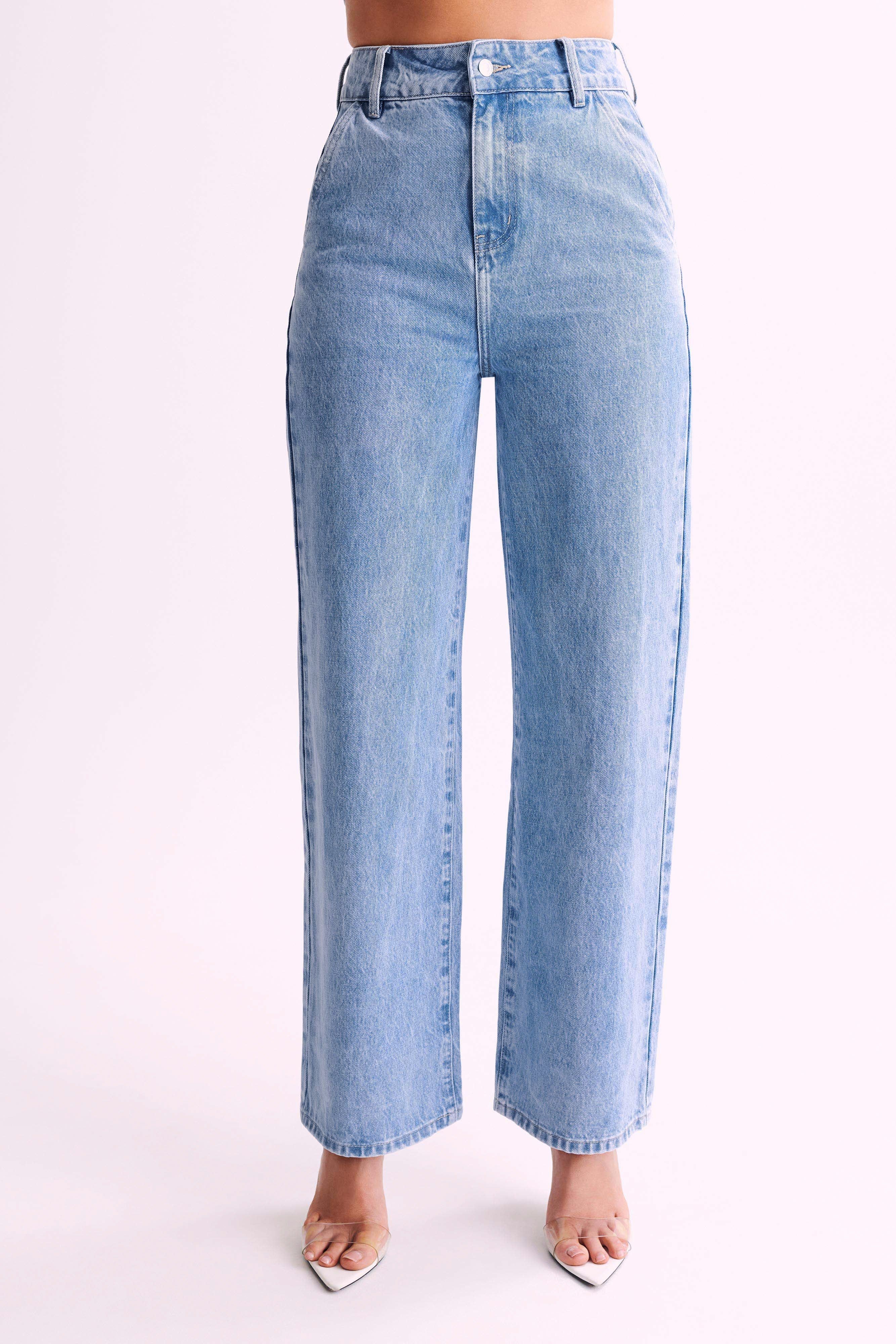 Roxy Wide Leg High Waist Denim Jeans - Mid Blue | MESHKI US