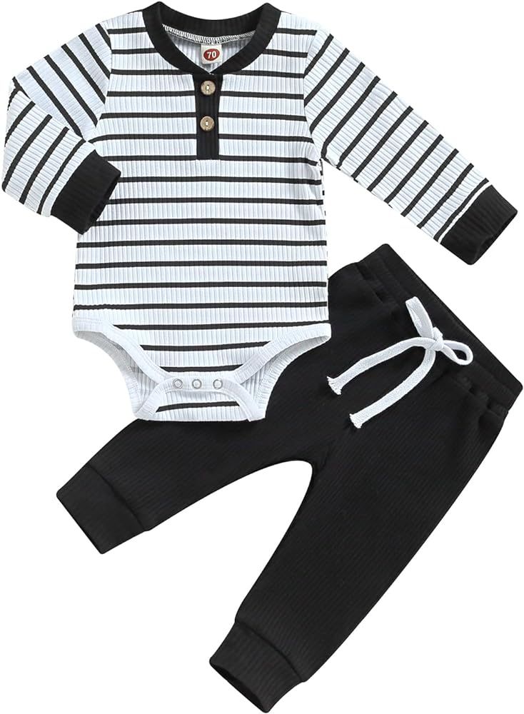 Newborn Baby Boy Girl Clothes Ribbed Knitted Long Sleeve Romper Pants Solid Cotton Infant Fall Wi... | Amazon (US)