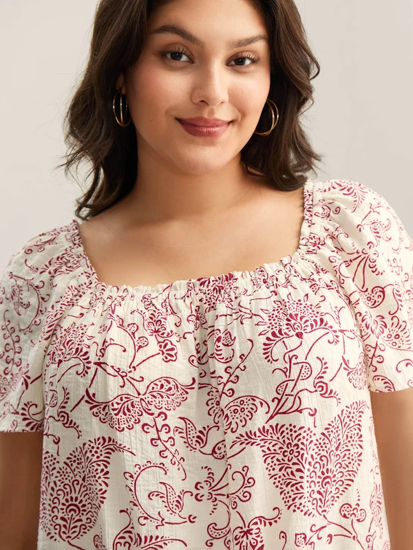 Floral Print Shirred Neck Flowy Blouse | Bloomchic