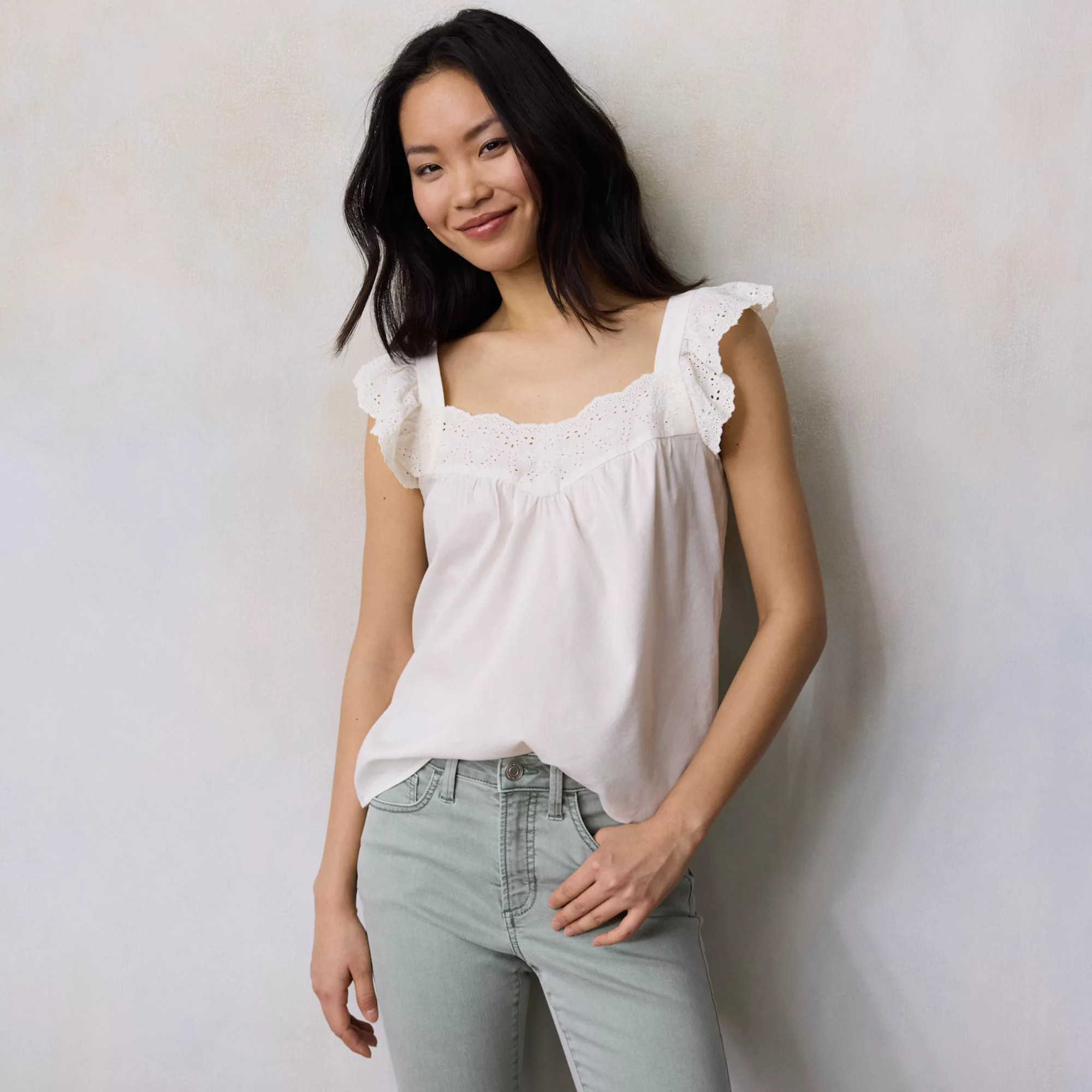 Women's LC Lauren Conrad Embroidered Ruffle Sleeve Tank Top | Kohl's