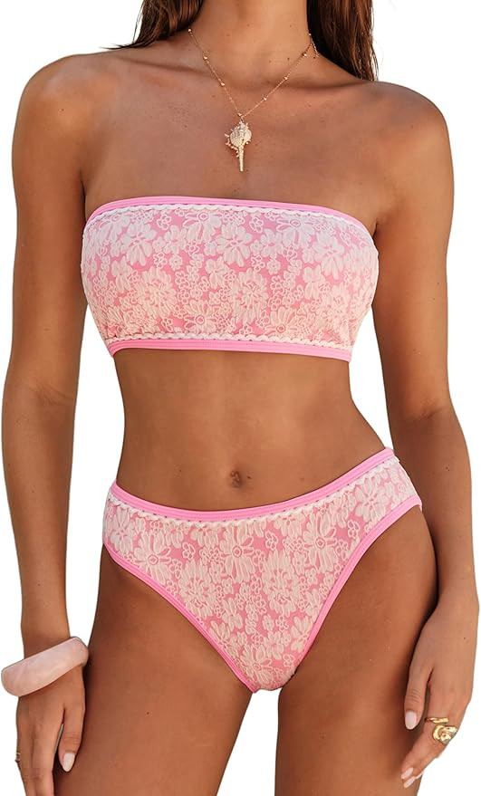 ZAFUL Bikini Set for Women Strapless Textured Bandeau Bikini Two Piece Swimsuit Lace up Bathing S... | Amazon (US)