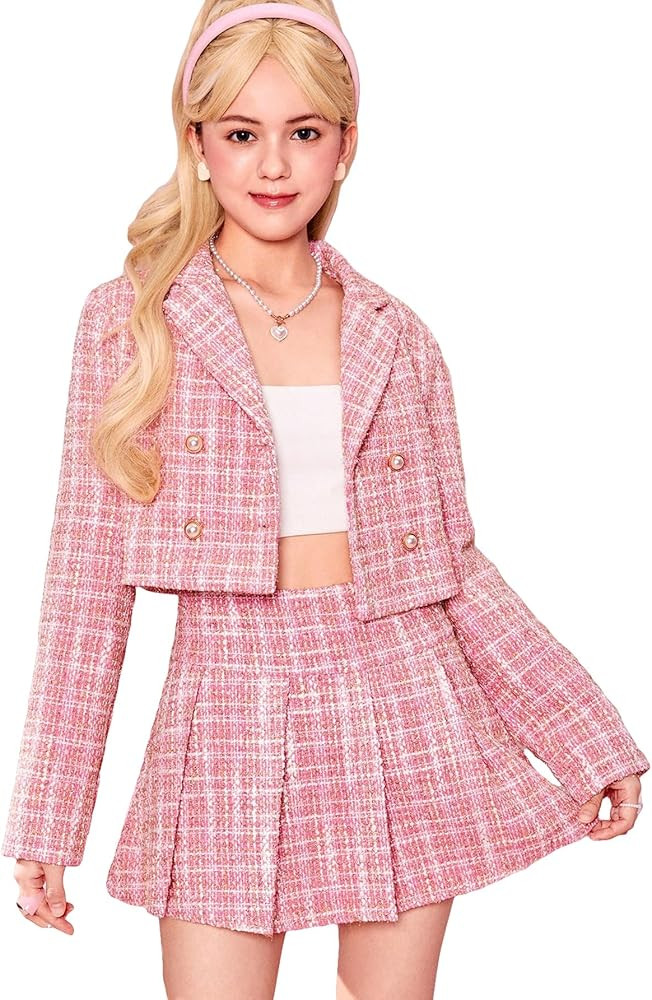 SOLY HUX Girl's Plaid Print Double Breasted Tweed Blazer and Pleated Skirts 2 Piece Outfit | Amazon (US)