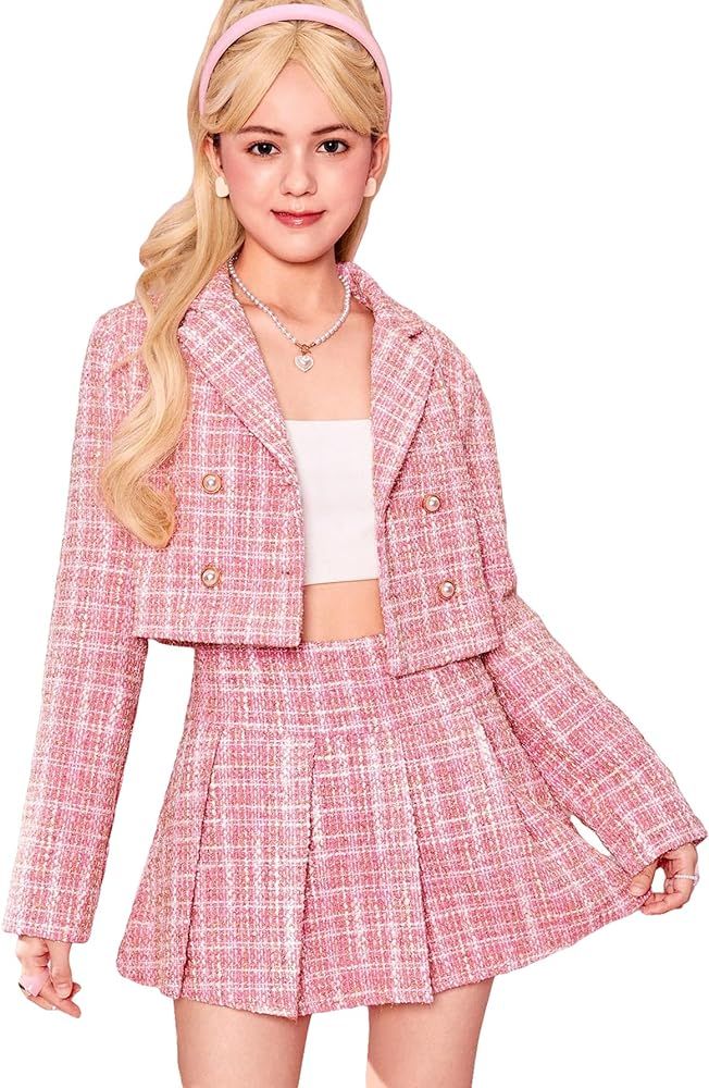 SOLY HUX Girl's Plaid Print Double Breasted Tweed Blazer and Pleated Skirts 2 Piece Outfit | Amazon (US)