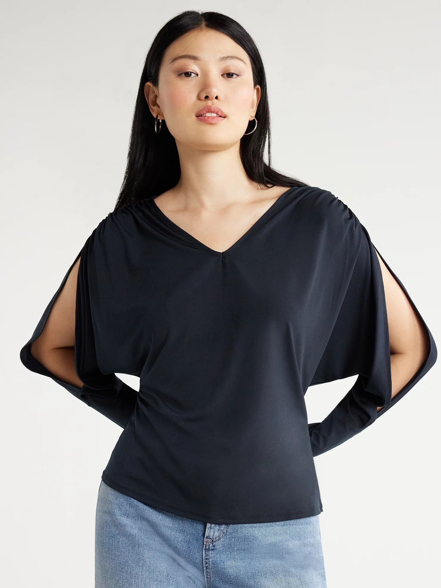 Scoop Women's Deep V-Neck Top with Batwing Sleeves, Sizes XS-XXL | Walmart (US)