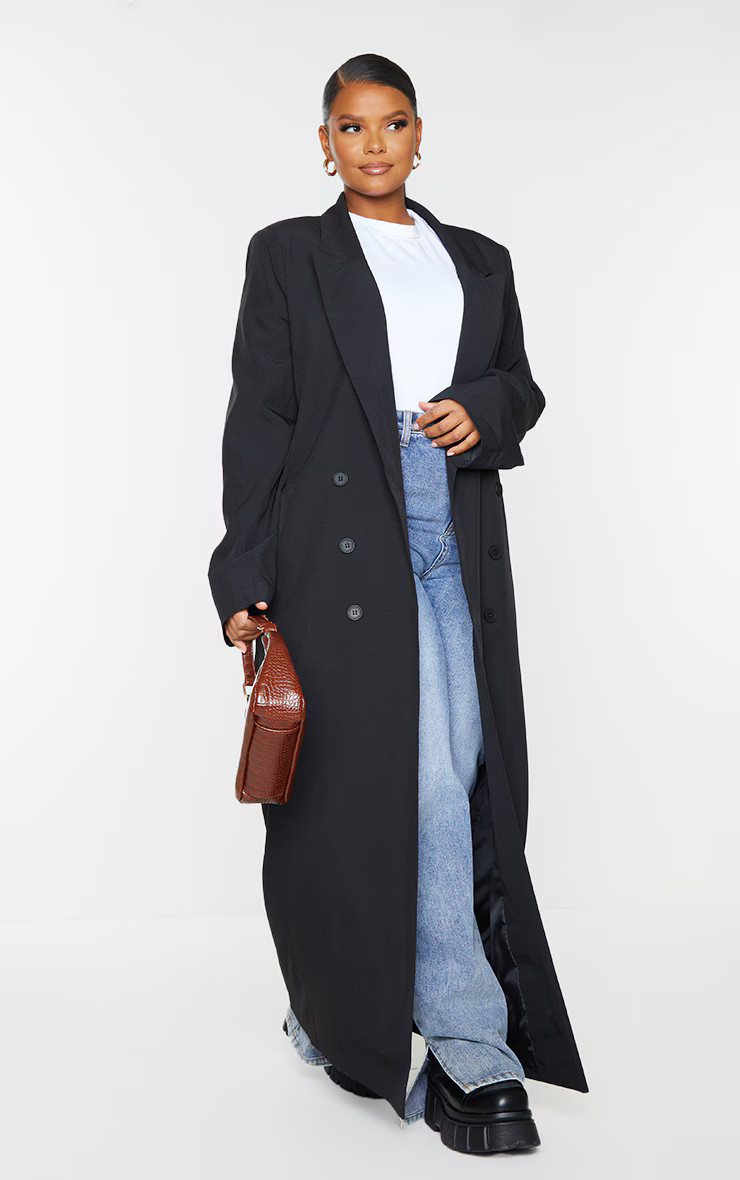 Plus Black Button Detail Maxi Blazer | PrettyLittleThing US