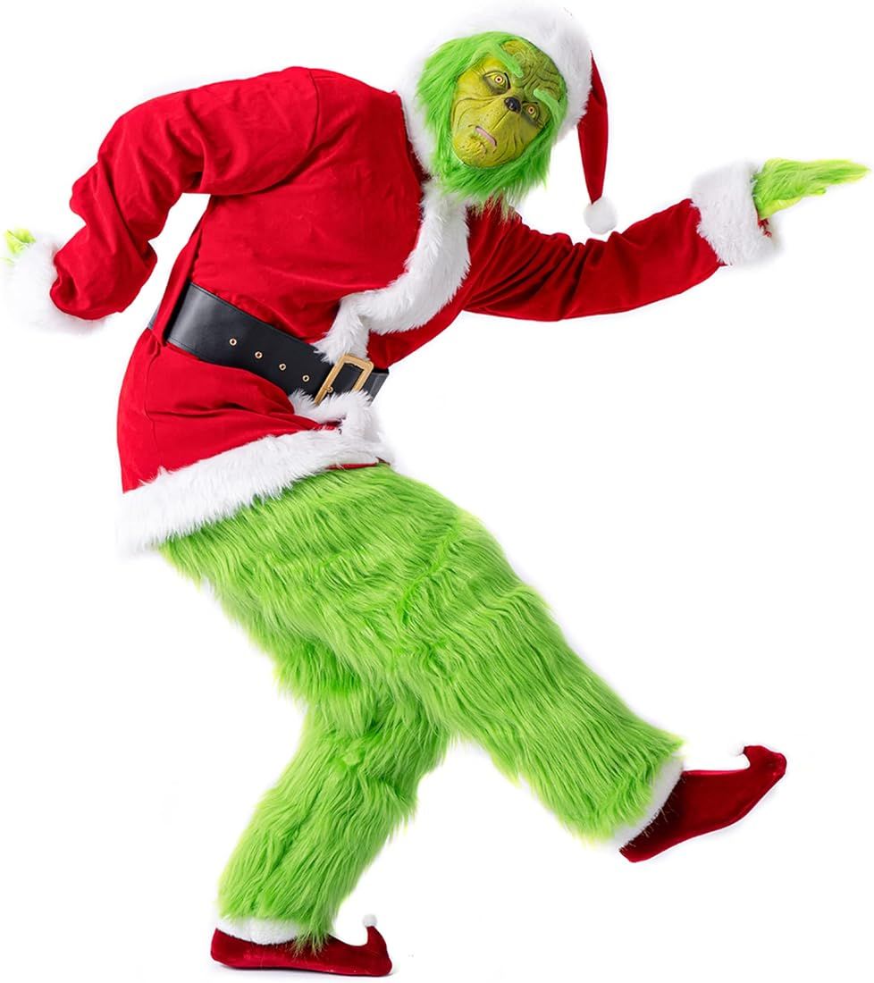 Earado Christmas Green Big Monster Santa Costume for Men 7 PCS Deluxe Furry Adult Santa Suit Xmas Ho | Amazon (US)