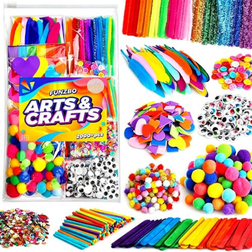 FUNZBO 2000Pcs+ Arts & Crafts Supplies Kits for Kids, DIY Craft Supplies for Toddlers Art Supply Tools Set Pipe Cleaners, Pom Poms and Feather, Birthday Gifts for Kid Girls Ages 4-8-12 | Amazon (US)