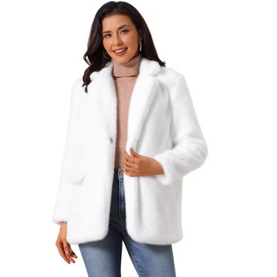 INSPIRE CHIC Women's Faux Fur Winter Open Front Notch Lapel Long Sleeve Fluffy One Button Coat White Medium | Target