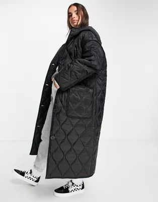 ASOS DESIGN quilted longline hooded puffer jacket in black | ASOS (Global)
