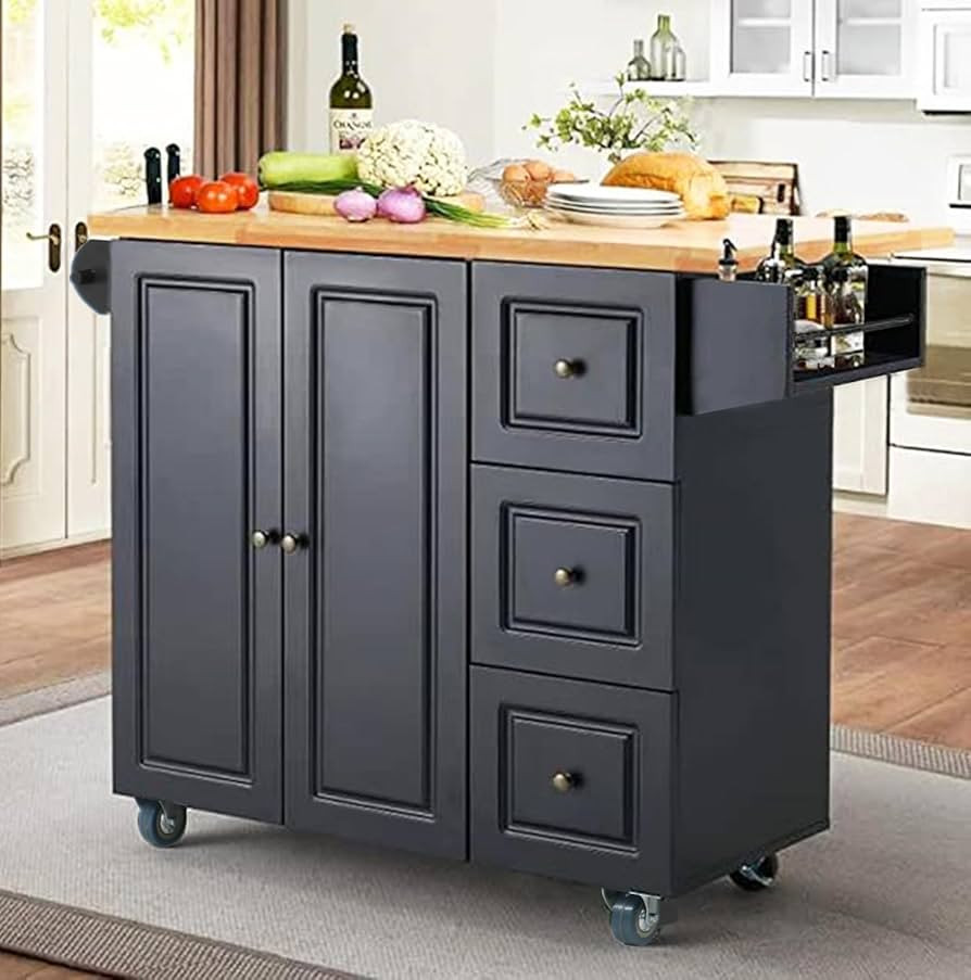 PHI VILLA Rolling Kitchen Island with Storage - Portable Kitchen Island with Drop Leaf, Black Kit... | Amazon (US)