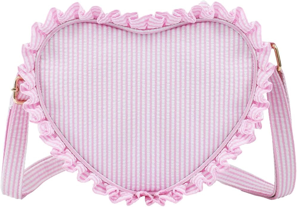 Stripe Heart Shaped Purse for Women,Heart Zipper Closure Shoulder Bag,Seersucker Cute Heart Bag | Amazon (US)