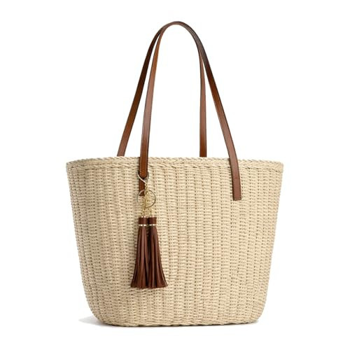 BVNTBZC Large Straw Tote Bag for Women Summer Woven Beach Shoulder Handbag Travel Vacation Hobo Purse with Tassel (Beige) | Amazon (US)