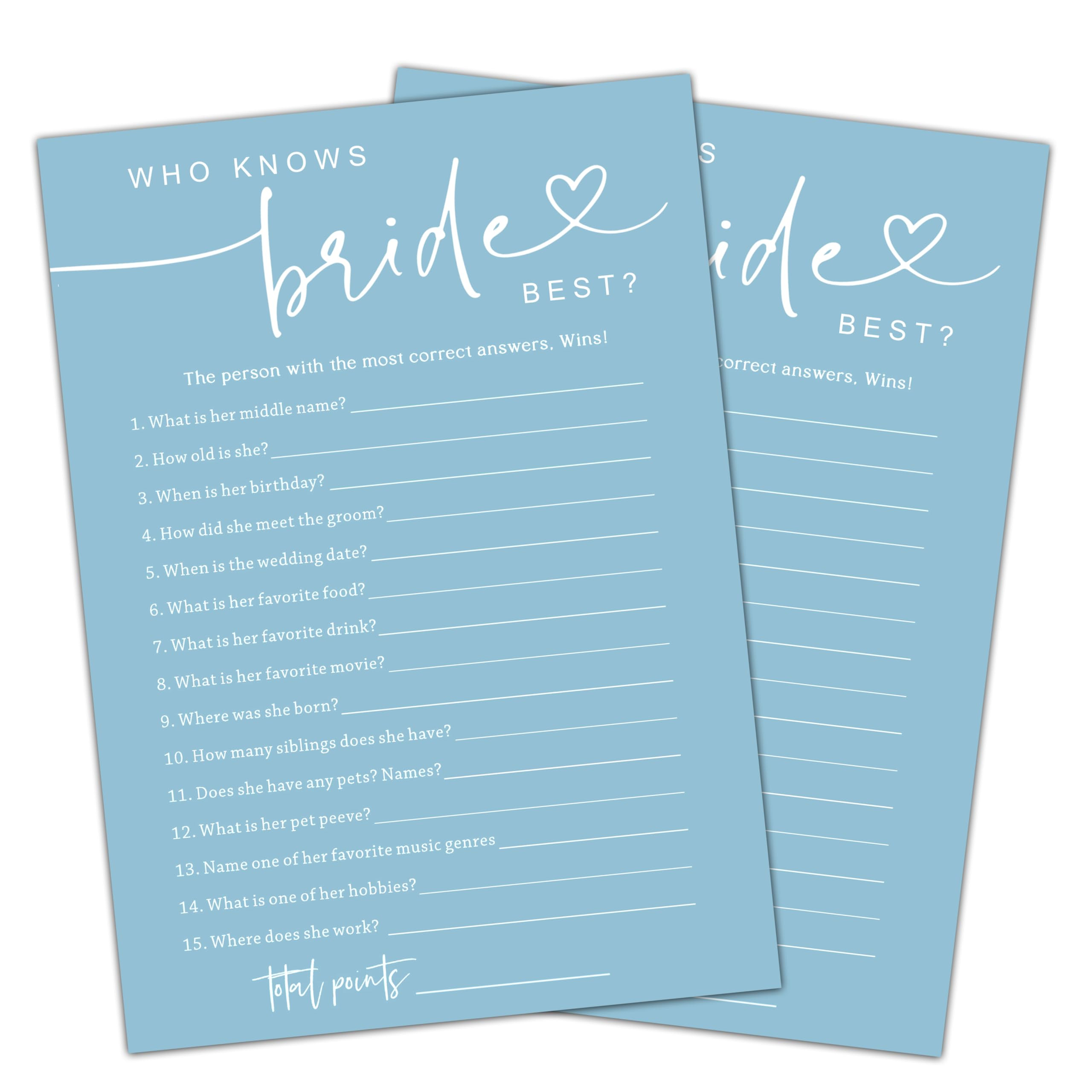 Minimalist Bridal Shower Games, 30 Light Blue Who Knows The Bride Best, Wedding Bachelorette Enga... | Amazon (US)
